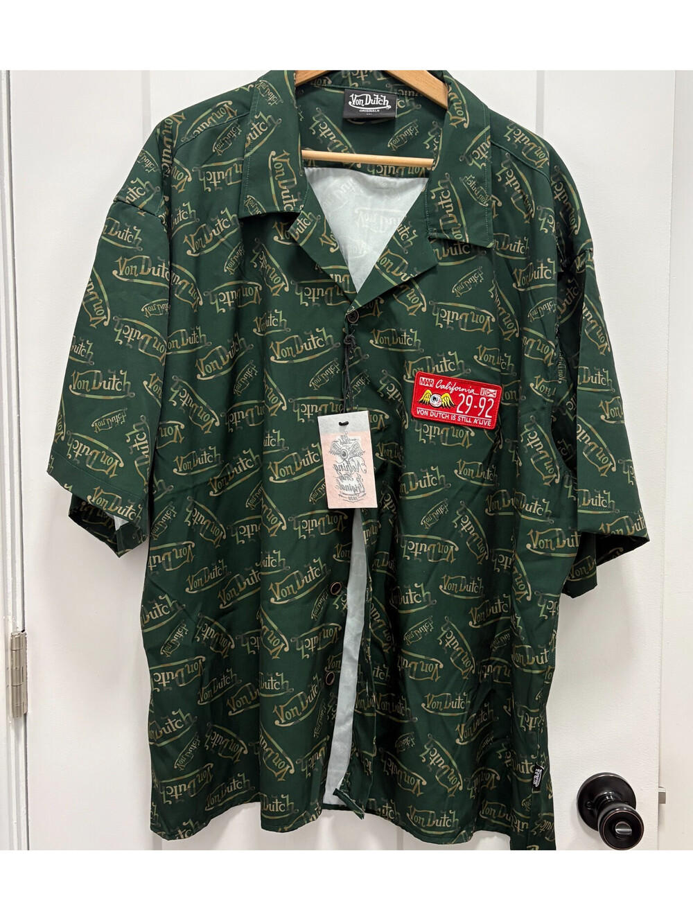 NWT Von Dutch Button Short Sleeve Shirt Logo Patch Green w/ Camo 2XL MSRP $79